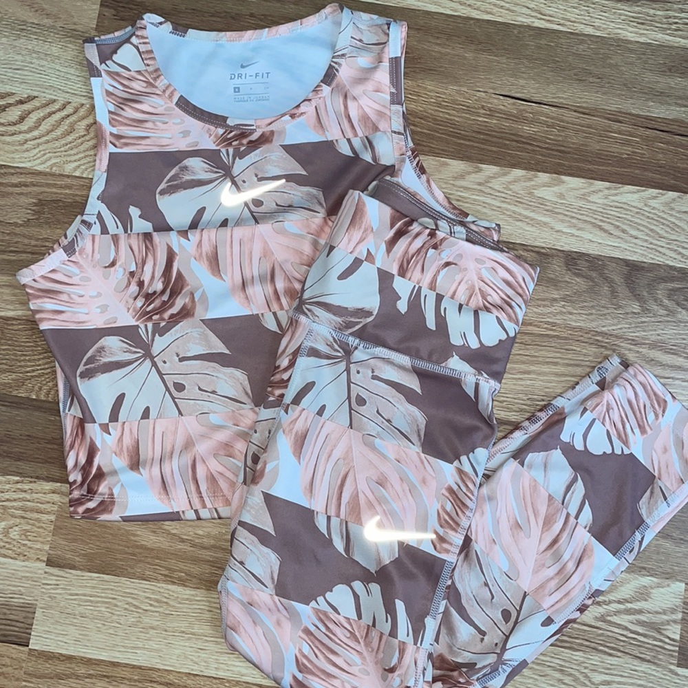 Nike Pink and Brown Leaf Print Leggings